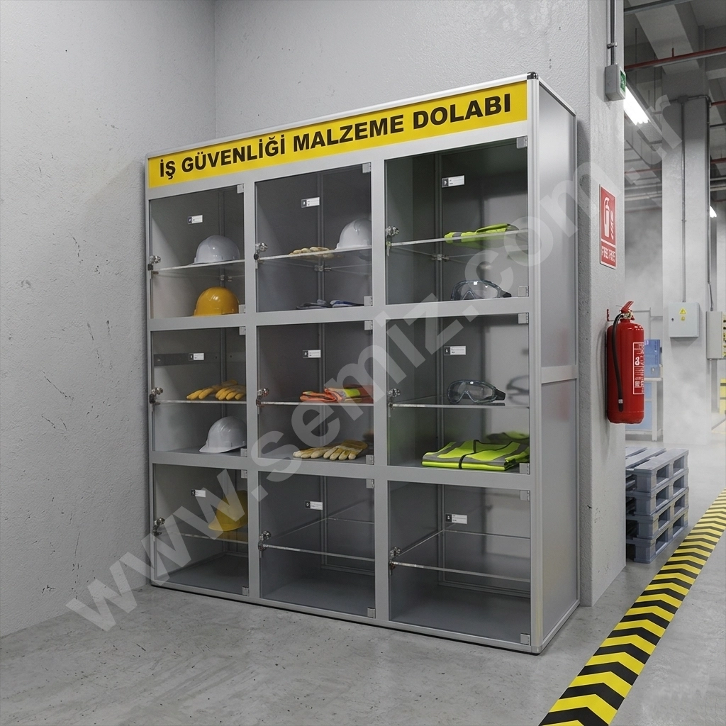 Duvara monte edilmiş, şeffaf kapaklı, içinde sarı ve beyaz baretlerin düzenli bir şekilde durduğu kırmızı renkli metal baret dolabı.