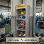 Havalandırmalı iç tasarıma sahip, teknik iş güvenliği ve baret dolabı.
