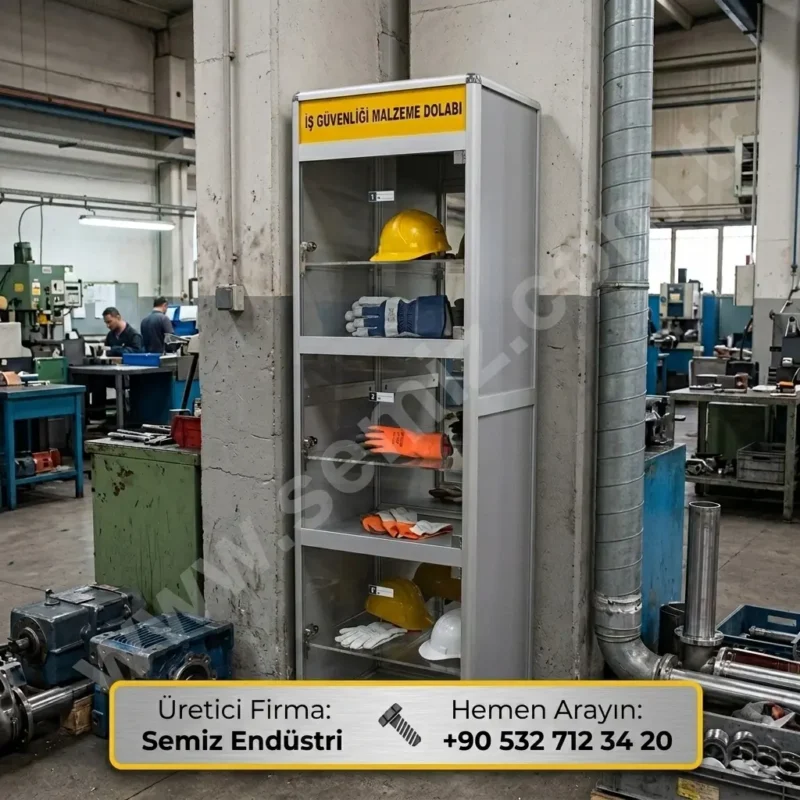 Havalandırmalı iç tasarıma sahip, teknik iş güvenliği ve baret dolabı.