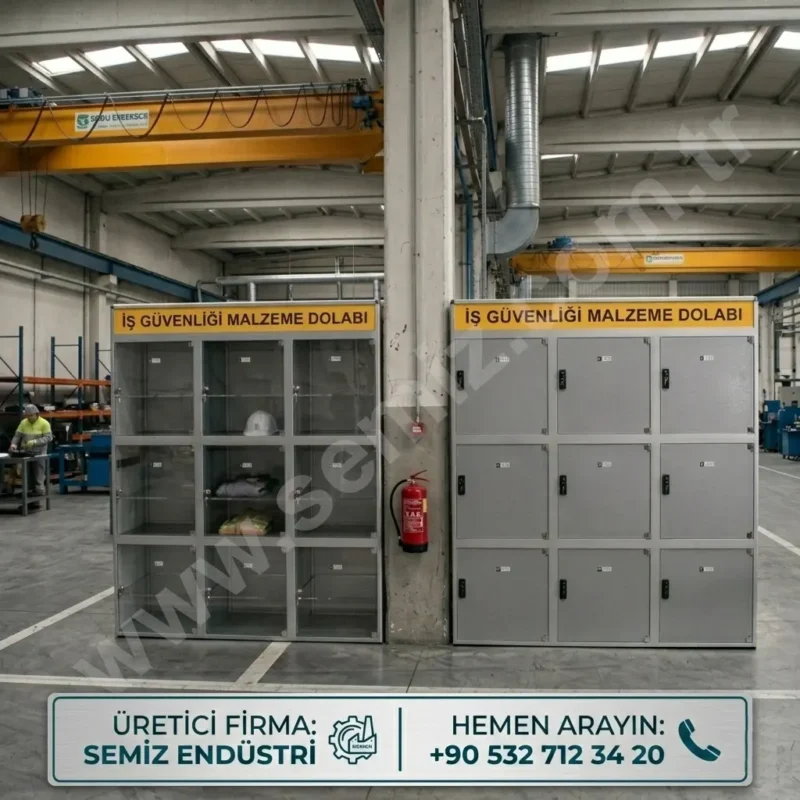 İş güvenliği ekipmanları için tasarlanmış profesyonel metal baret dolabı.