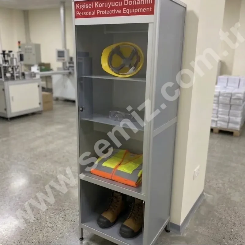 Personel ekipmanları için bölmeli, düzen sağlayıcı baret dolabı.
