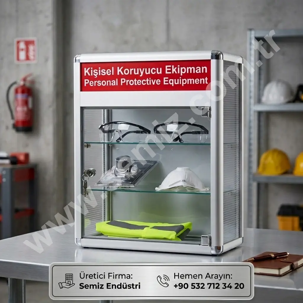 KKD 05 model, kırmızı renkli, üzerinde "Kişisel Koruyucu Donanım" yazısı ve baret/gözlük piktogramları bulunan, şeffaf cam kapaklı metal baret ve KKD dolabı.